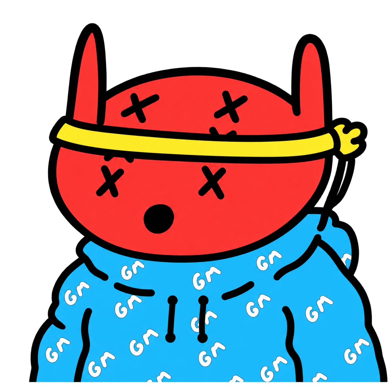 ATISUTO, the red character wearing a blue hoodie and yellow headband