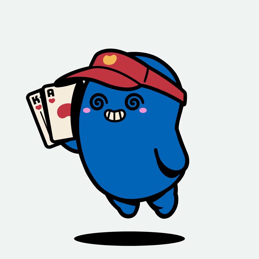 HARU, the blue character wearing a red cap and holding playing cards