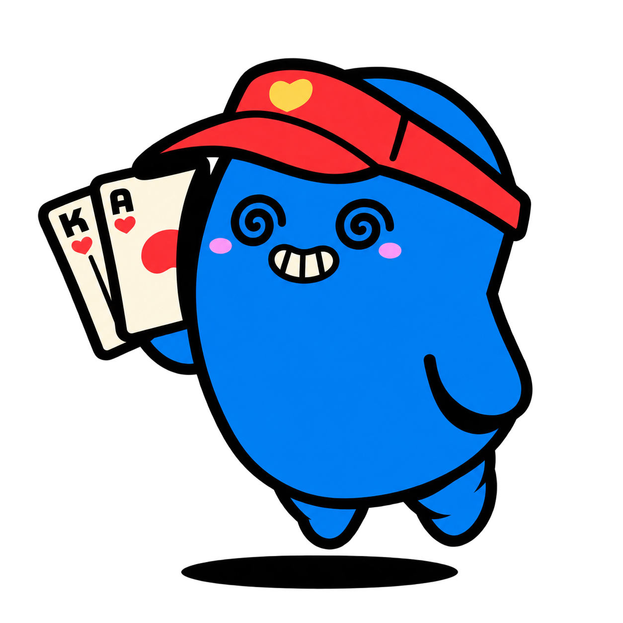 HARU, the blue character wearing a red cap and holding playing cards